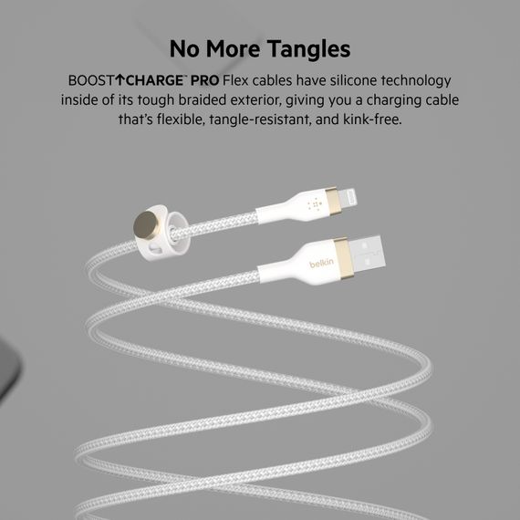 Кабель Belkin USB-A - Lightning плетений, силіконовий, з ремінцем на магніті, 1м, білий (CAA010BT1MWH) | Зображення 9