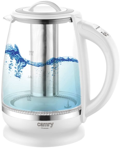 Електрочайник скляний Camry CR 1290 білий, 2 л, 2200 Вт, з регулюванням температури та підсвіткою