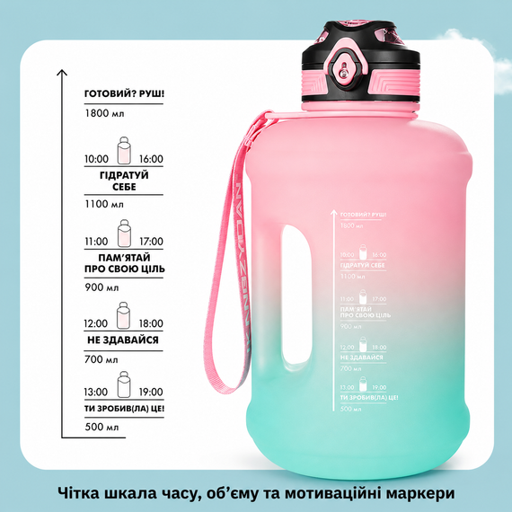 Эко-бутылка KANGZYUAN 1800 мл - Розовая Tritan BPA-free, ударопрочная, спортивная с ручкой и ремешком | Зображення 2