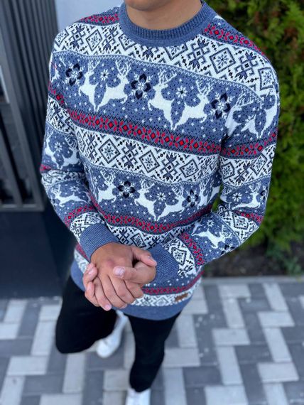 Мужской новогодний свитер с оленями низкий воротник PA2658 цвет голубой, размер М | Зображення 2