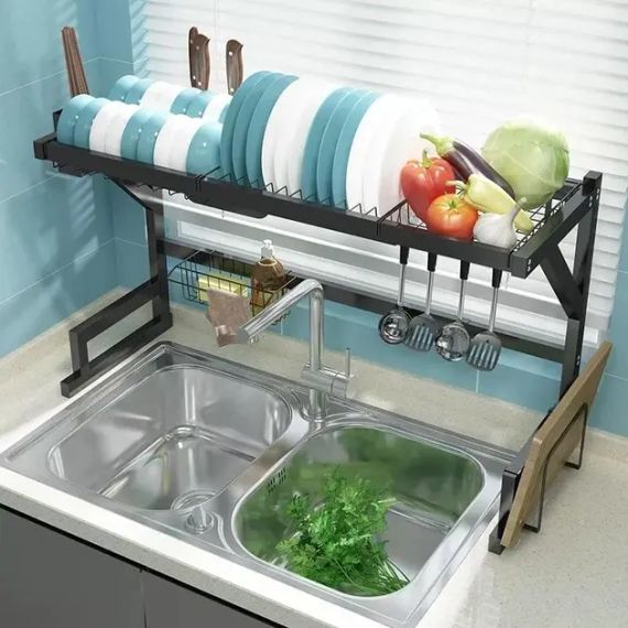 Багатофункціональна Двоярусна полиця - органайзер JYH для сушіння посуду над раковиною, чорна 65 см | Зображення 6