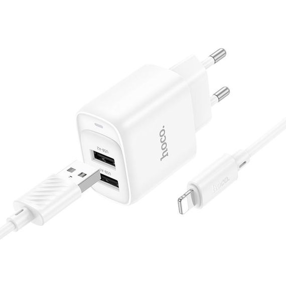 СЗУ Hoco C141A Smart 2.1A (2USB-A) + кабель USB to Lightning White | Зображення 2
