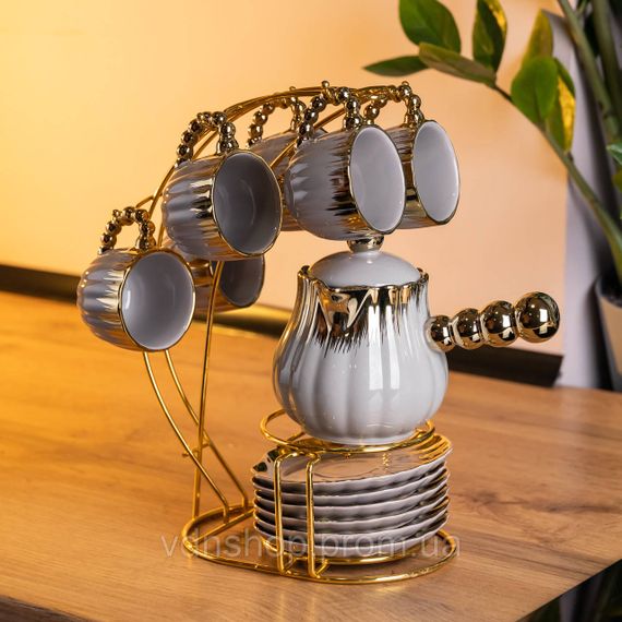 Кавовий сервіз на підставці з туркою 450 (мл) 6 чашок по 90 (мл) подарунковий набір чашок на підставці Сірий із золотом FM-JJ-4