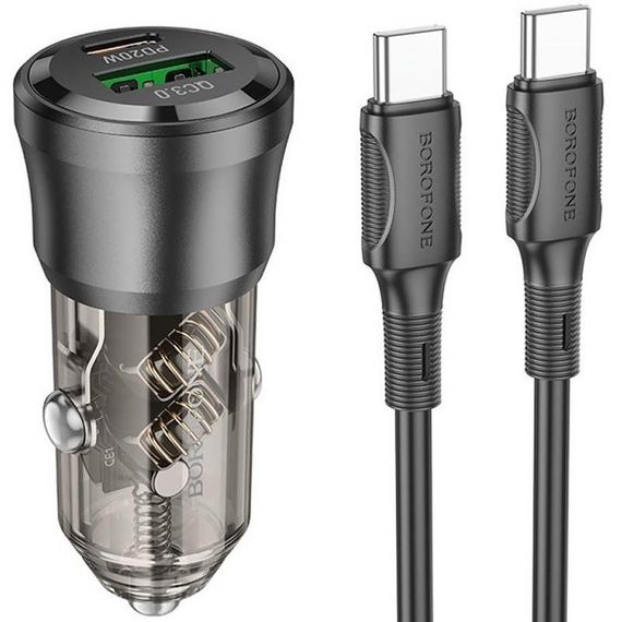 АЗП Borofone BZ25 Journey PD20W+QC3.0 total 38W (1USB-A/1C) + кабель Type-C to Type-C Transparent black