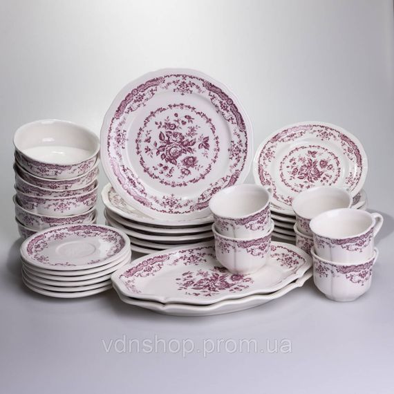 Столовый набор посуды тарелок и чашек 32 предмета на 6 персон "Бордовый Меандр" фарфоровый YY78-3A