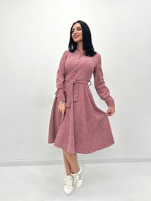 Женское модное вельветовое платье миди с поясом GF08575 цвет пудровый, размер 42/44