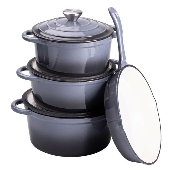 Набір чавунного посуду для приготування 3 каструлі та сковорода з емальованим покриттям Сірий HP-1-5 | Зображення 1