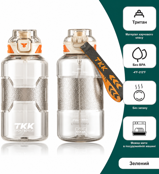 Спортивная бутылка TKK 1500 мл (1.5 л) - Белая Tritan BPA-free, ударопрочная эко-бутылка с антискользящей вставкой | Зображення 1