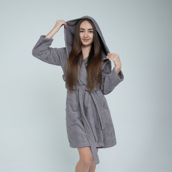 Женский махровый халат с капюшоном «Lelit», Махра, Серый, S-M и L-XL.