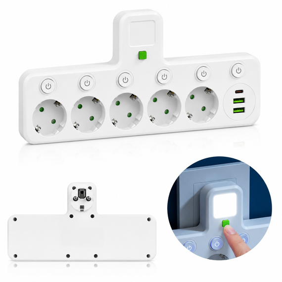 Мережевий фільтр 5 розеток + USB/адаптер на 5 розеток + USB з індивідуальними кнопками та LED-підсвічуванням Білий | Зображення 2