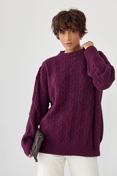 Вільна в'язана кофта в косички - баклажан цвет, ONE SIZE (є розміри) | Зображення 4