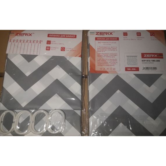 Шторка для ванної ZERIX SCP-016-180x200 з PEVA (поліетиленвінілацетату) (Візерунок "Зигзаг" біло-чорний) (ZX6089) | Зображення 1