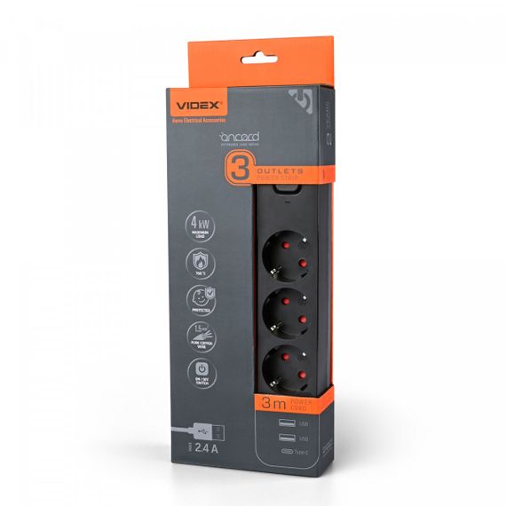 Мережевий подовжувач 3 м 3 гнізда з 2USB + USB-C заземленням і кнопкою VIDEX VF-PD33G2U1C-B | Зображення 7
