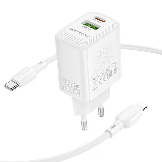 СЗУ Borofone BN27 Fuente PD20W+QC3.0 (1USB-A/1C) + кабель Type-C to Lightning White | Зображення 1