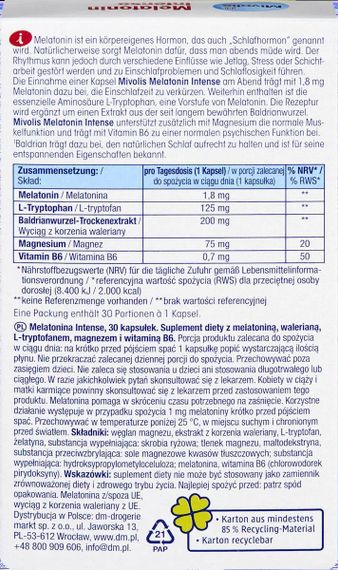Мелатонин Mivolis Intense - комплекс для сна, нервов и релаксации, 30 шт., Германия | Зображення 1