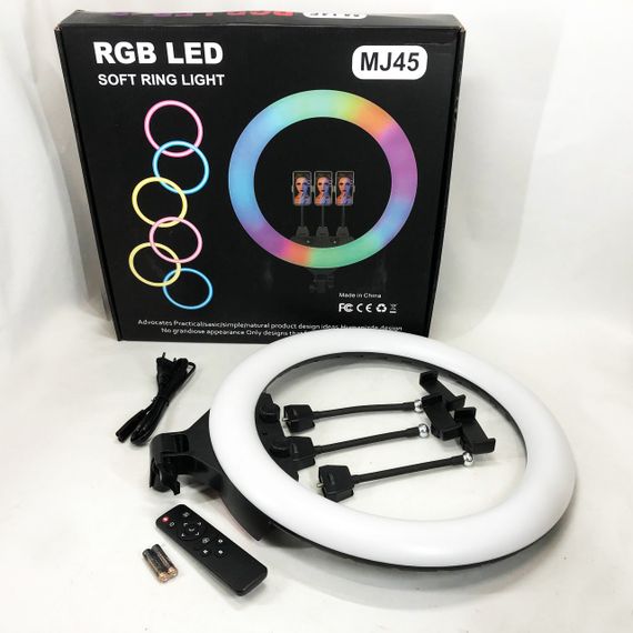 Кільцева LED лампа RGB MJ45 Ring 45 см комплектація адаптер із вбудованим кабелем, тримачі для телефону, пульт | Зображення 8