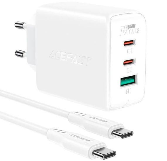 Сетевое зарядное устройство Acefast A13 Fast Charger PD 65W 2×Type-C / 1×USB с кабелем Type-C to Type-C - White