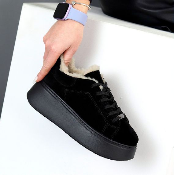 Чорні зимові прошиті кросівки натуральна замша на платформі спорт-шик | Зображення 6