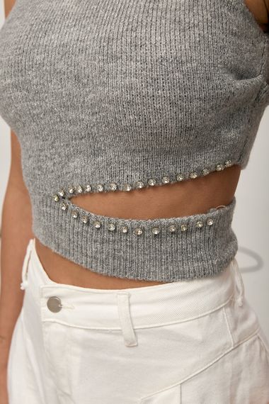 В'язана майка з високою горловиною і розрізом на талії - сірий цвет, ONE SIZE (є розміри) | Зображення 3