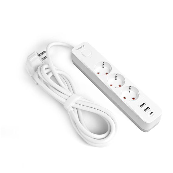 Мережевий подовжувач VIDEX ONCORD з/з 3п 3м (3x1.5мм) 2.4А 2USB+USB-C з кнопкою White | Зображення 1