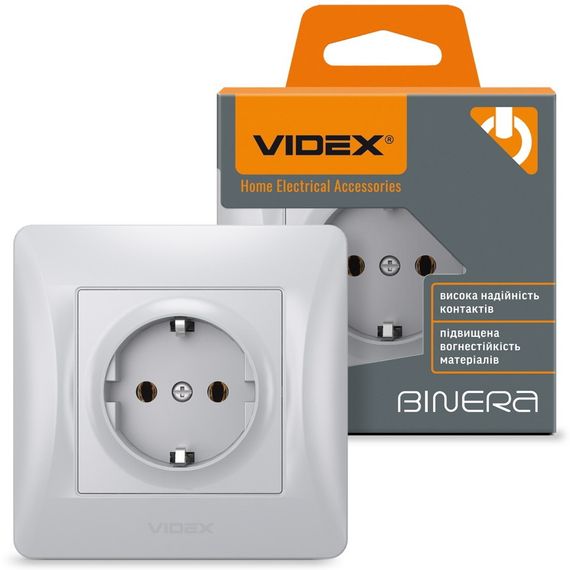 Одинарная розетка с заземлением и повышенной огнеупорностью VIDEX BINERA VF-BNSK1G-SS серебристая | Зображення 1