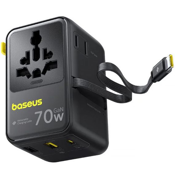 Мережевий універсальний перехідник Baseus CG11 70W with retractable cable (2USB-A/3C/1Socket) (E0307E) Cosmic Black | Зображення 2
