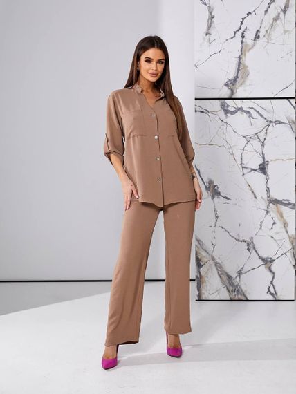 Женский легкий костюм рубашка и свободные брюки креп-жатка, UH378 размер 42, цвет капучино | Зображення 4
