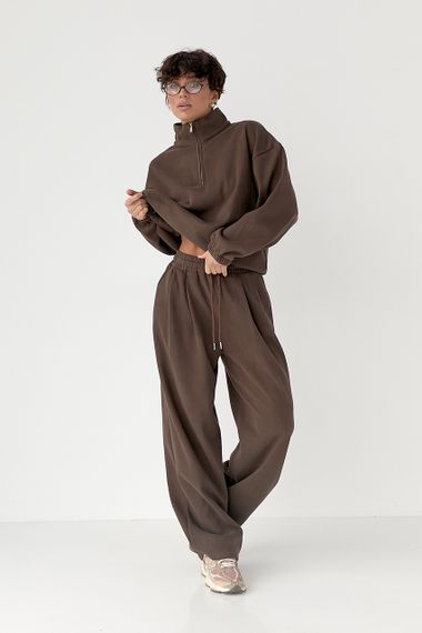 Зимовий однотонний спортивний костюм із затяжками - коричневий цвет, M (є розміри) | Зображення 3