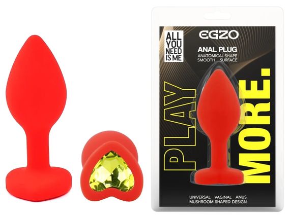 Анальна пробка EGZO Red Heart Plug S з кристалом, анатомічна, червона силіконова Sex Aura