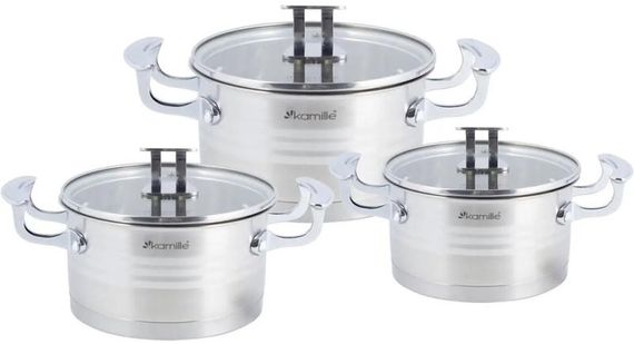 Набір 3 каструлі Kamille Casserote 1.7л, 2.4л, 3.1л з нержавіючої сталі зі скляними кришками