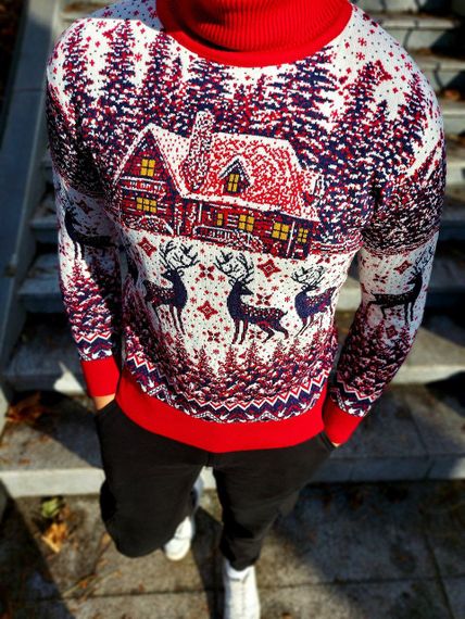Мужской новогодний свитер Олени домик PA0001 цвет красный, размер L | Зображення 1