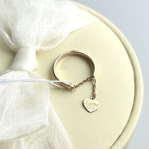 Золоте жіноче кільце з ланцюжком і серцем-підвіскою Love 16.5 р, 585 проба | Зображення 9