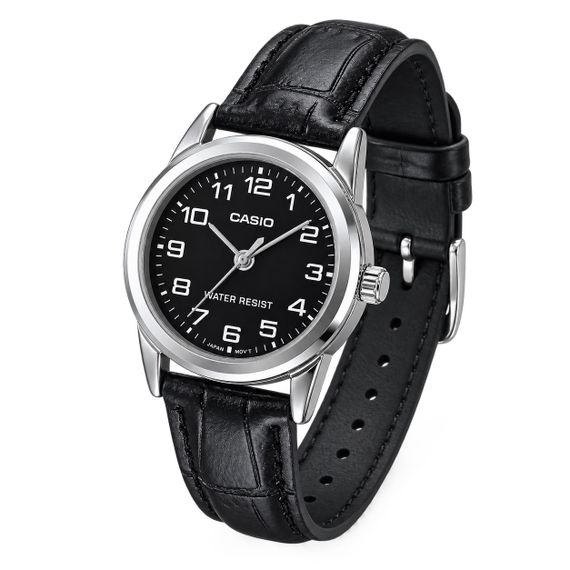 Жіночий годинник Casio LTP-V001L-1B з чорним шкіряним ремінцем та кварцовим механізмом