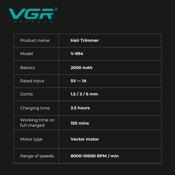 Триммер для стрижки аккумуляторный VGR V-994 с умным контролем мощности, 3 насадки, 10000 RPM, 2000 mAh | Зображення 1