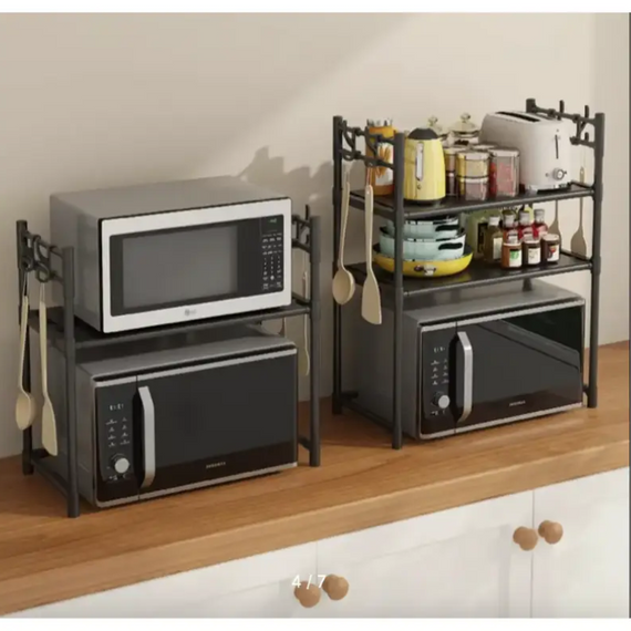 Кухонна підставка для мікрохвильовки та посуду на кухню, багатофункціональна полиця з гачками | Зображення 1