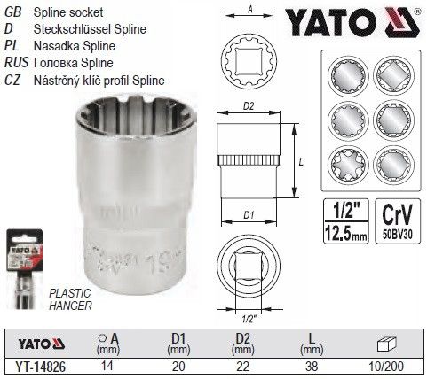 Головка торцева SPLINE 1/2" M14х38 мм Польща YATO YT-14826