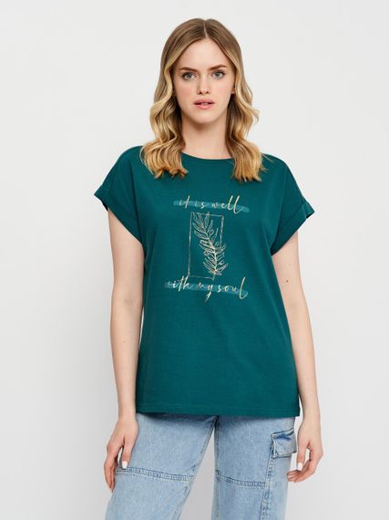 Футболка жіноча зелена з малюнком та написом, 4XL