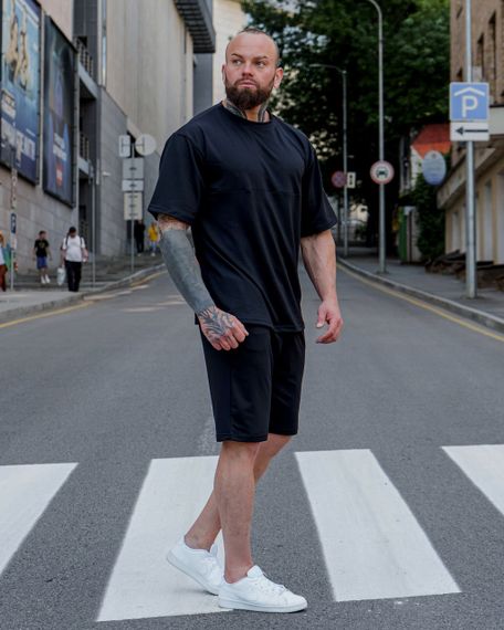 Мужской летний костюм оверсайз с шортами и футболкой BD0023 цвет черный, размер S | Зображення 2