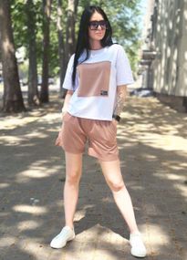 Женский летний легкий костюм с шортами двухцветный GF07113 цвет капучино, размер 42/44