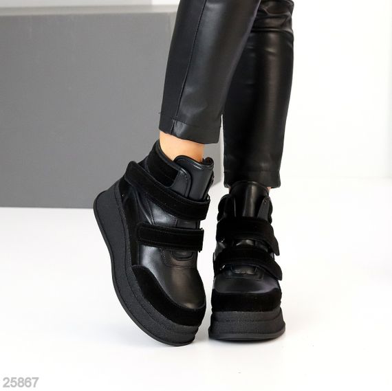 Чорні зимові черевики снікерси на липучках натуральна шкіра + замша | Зображення 6