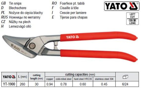 Ножницы по металлу YATO Польша левые l=260 мм YT-1900