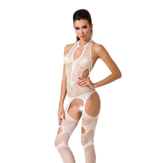 Бодістокінг Passion BS053 white, комбінезон, імітація панчох і пояса, S/M/L