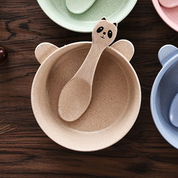 Тарелка с ложкой Lesko A228 Panda Beige из пшеничной соломы для детей | Зображення 1