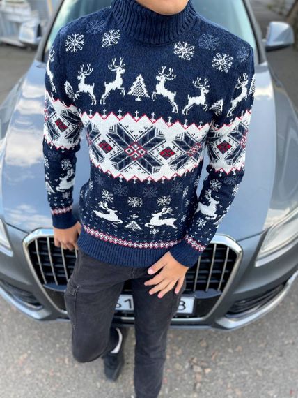 Мужской новогодний свитер с оленями в узорах PA2655 цвет синий, размер XXL