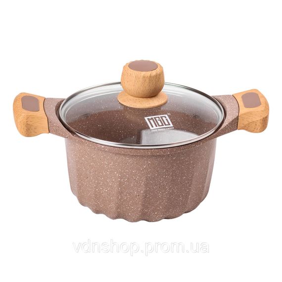 Алюмінієва каструля об'ємом 3 літри з кришкою Ø 20 см, мармурове антипригарне покриття MGC кавового кольору HP-4-432CO