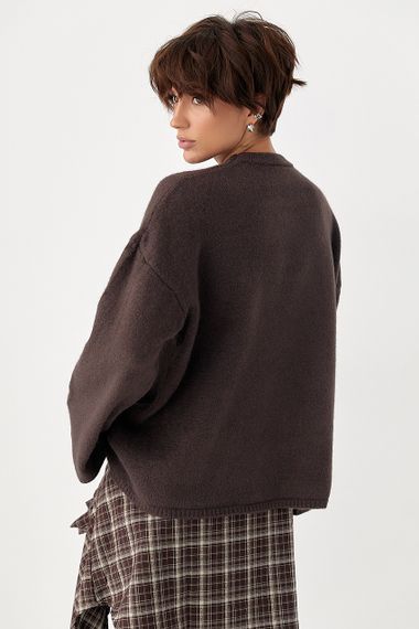 В'язана однотонна кофта з широкими рукавами - коричневий цвет, ONE SIZE (є розміри) | Зображення 1