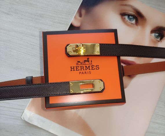 Трендовий шкіряний вузький ремінь Hermes Kelly brown/gold | Зображення 2