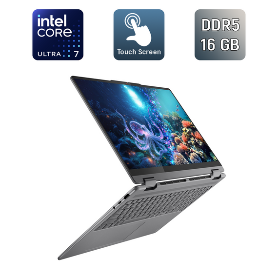 Ультрабук-трансформер Б-клас Lenovo Yoga 7 2in1 / 16" (1920x1200) IPS Touch / Intel Core Ultra 7 256V (8 ядер по 2.2 - 4.8 GHz) / 16 GB DDR5 / 1000 GB SSD / Intel Arc 140V GPU / WebCam / TouchID б/в