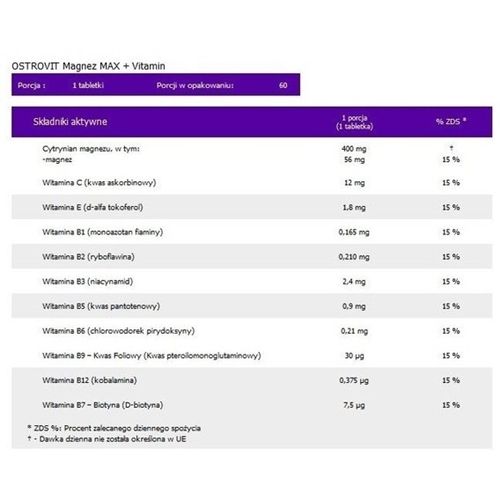 Микроэлемент Магний для спорта OstroVit Magnez Max + Vitamin 60 Tabs | Зображення 1