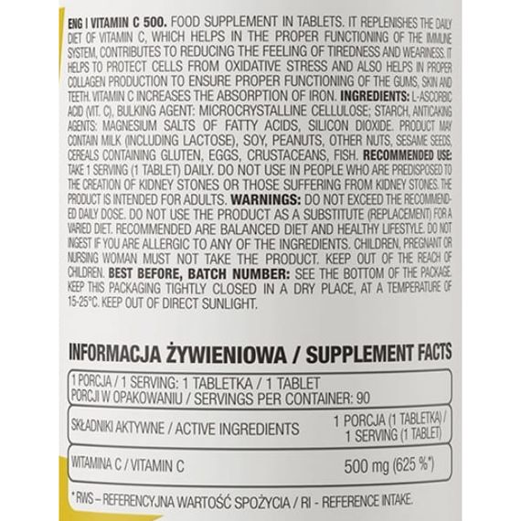 Витамин C для спорта OstroVit Vitamin C 500 90 Tabs | Зображення 1